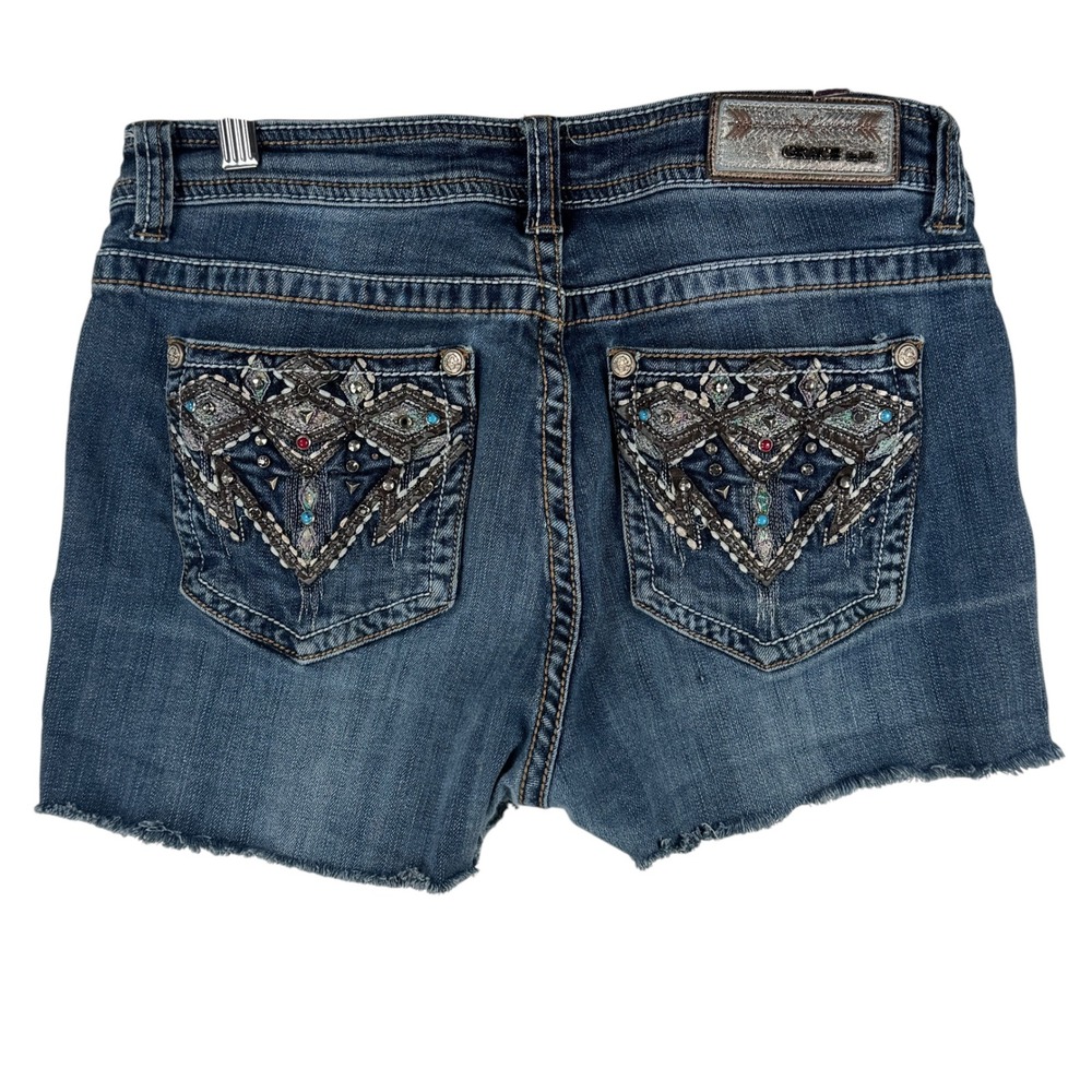 Grace in LA Denim Shorts Embellished Frayed Hem Blue Size‎ 29 Heavy Stitch Y2K